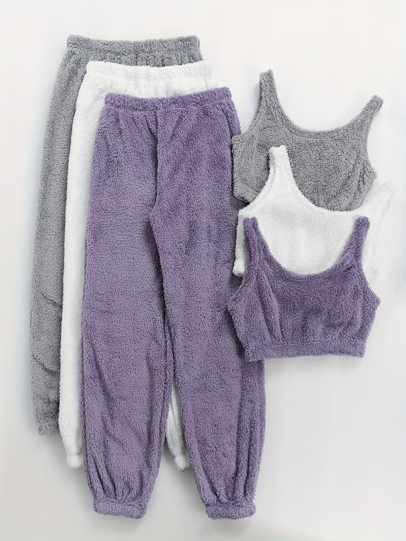 Women's Winter Plush Loungewear Set - 3 Pack Soft Crop Tank Tops And High-Waisted Jogger Pants